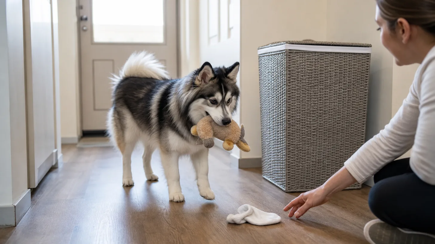 Caregiver calmly trades a sock for an intact dog toy with a Pomsky