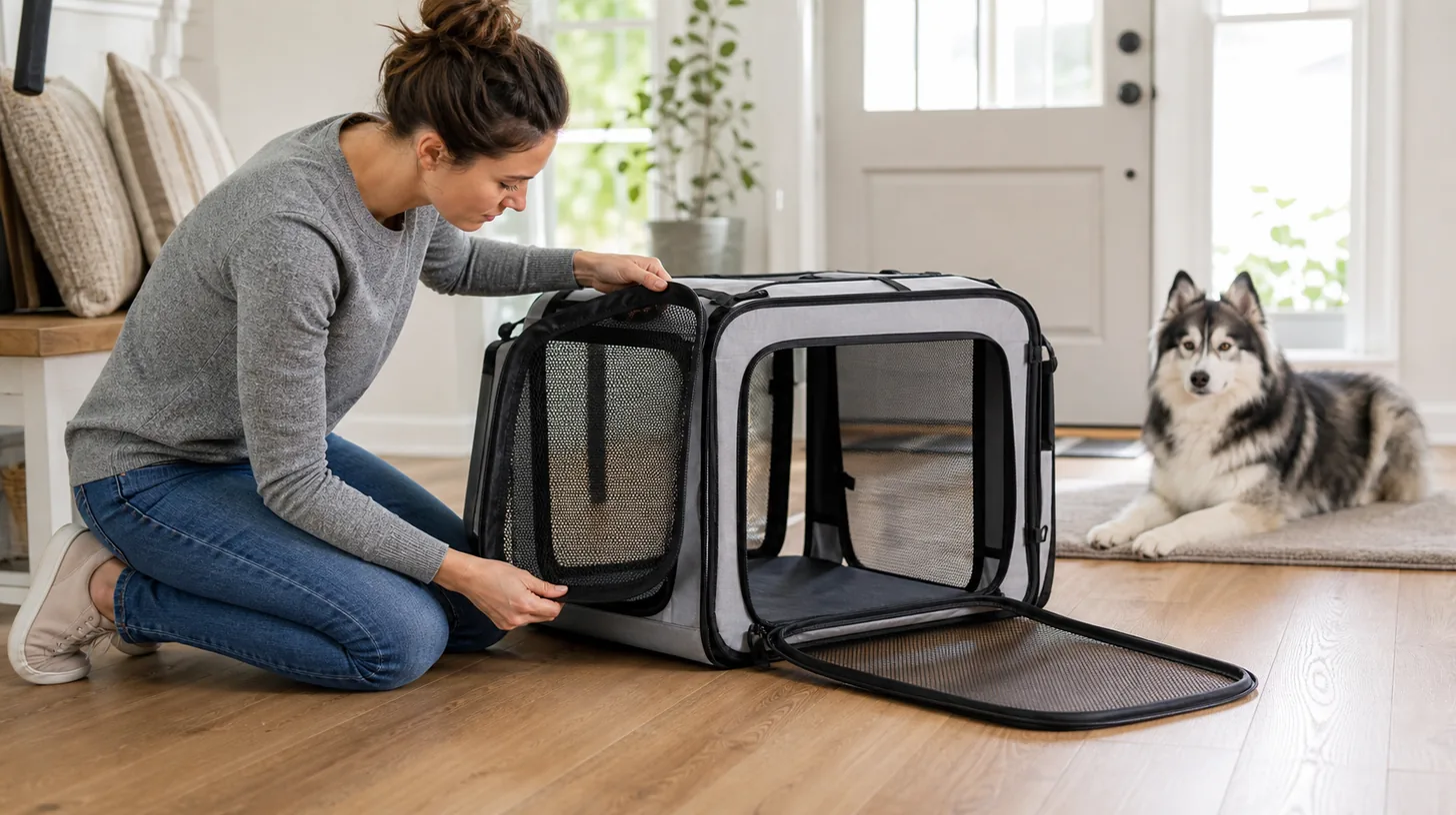 Caregiver inspects the zipper and mesh of an empty soft-sided carrier while a Pomsky waits separately
