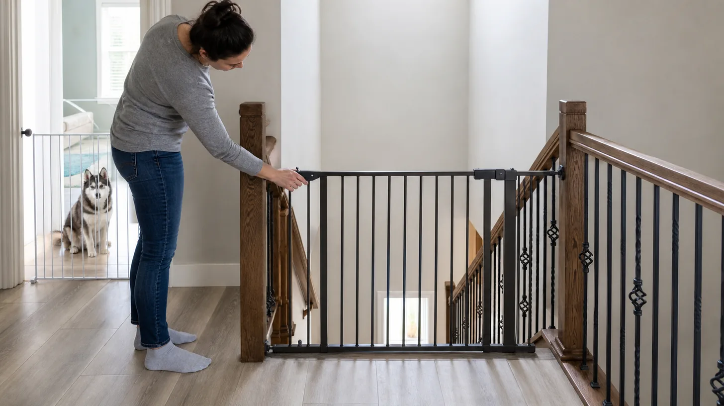 A caregiver tests a closed stair gate at the top landing while a Pomsky waits behind another gate