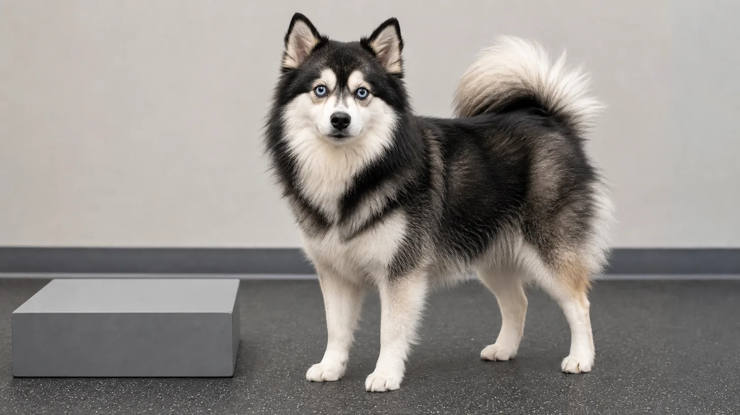 Pomsky stands facing the camera beside a plain scale block