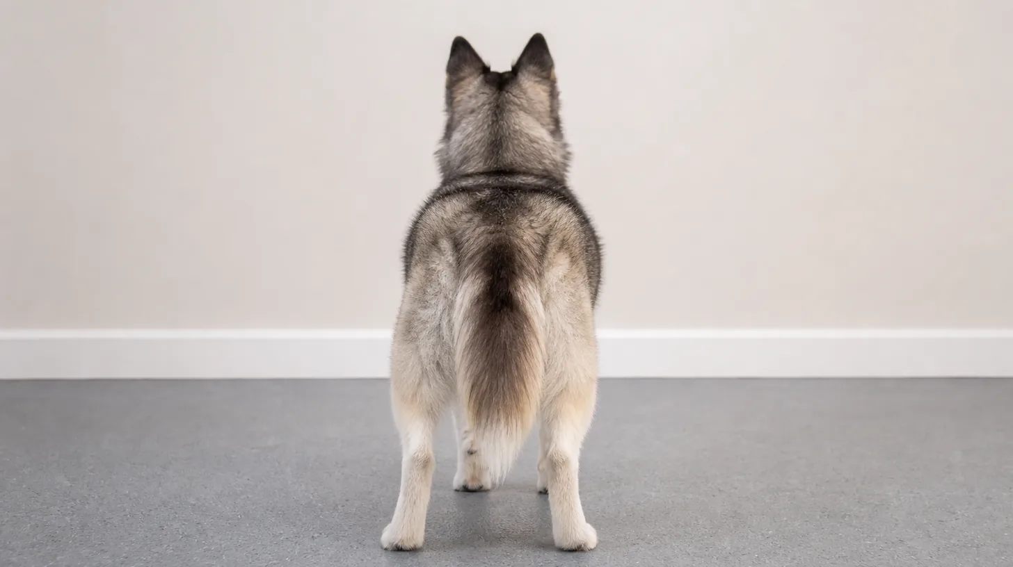 Pomsky stands naturally facing away for a complete rear-view photo