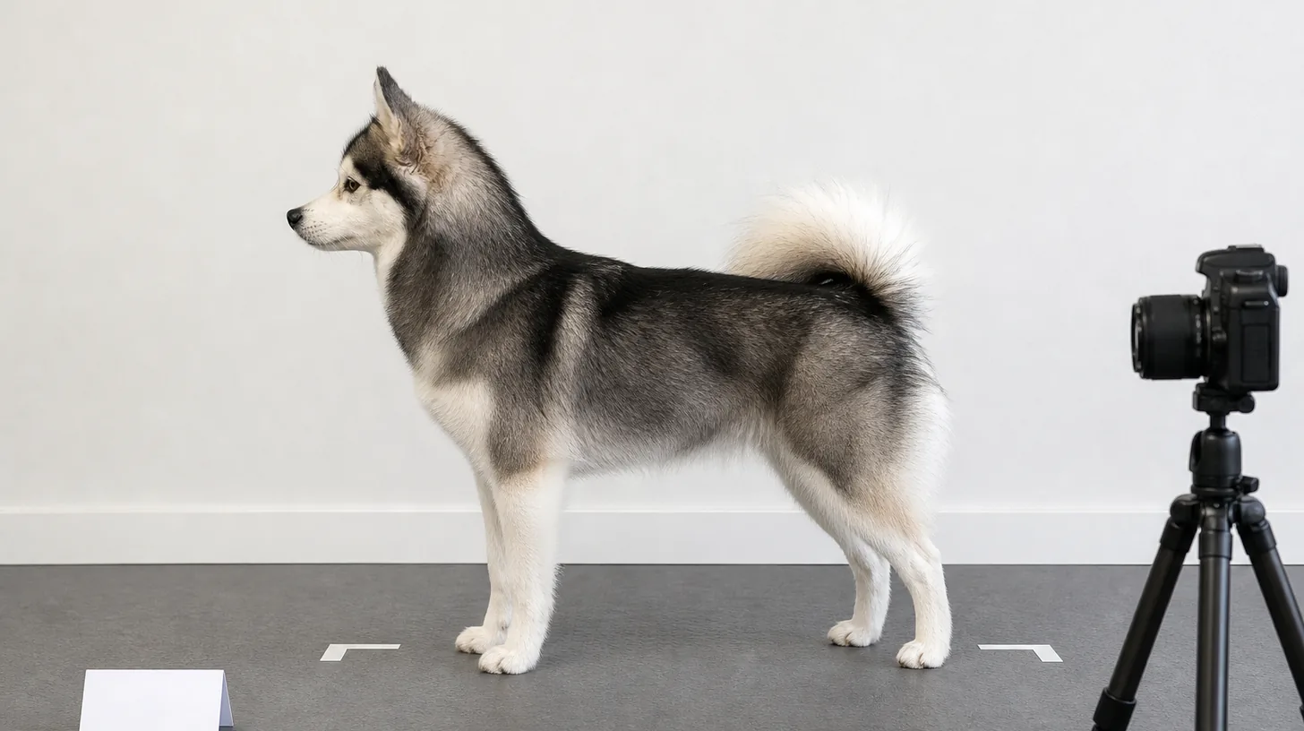 Pomsky stands naturally in full side profile beside a mid body height camera blank card and floor markers