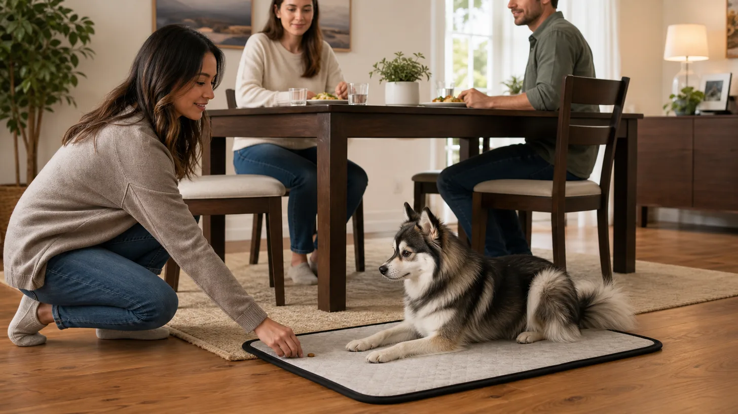 A Pomsky remains on a mat away from the dining table while a caregiver delivers a reward
