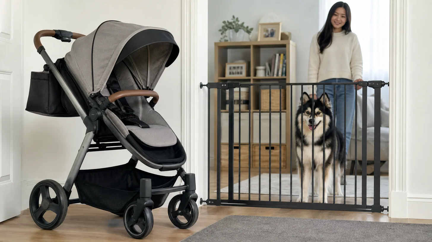 Stable locked stroller in a child zone with a Pomsky behind a separate barrier