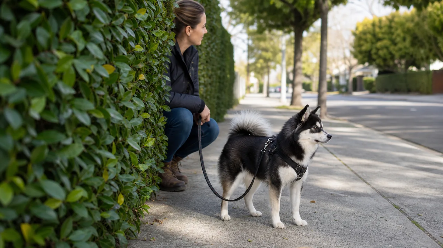 Pomsky and caregiver pausing behind a visual barrier at a safe distance during a walk