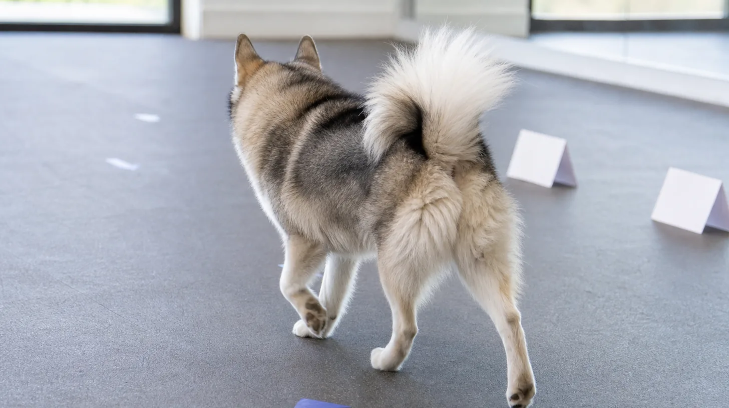 Pomsky walks voluntarily across a level floor past blank context cards and a direction marker