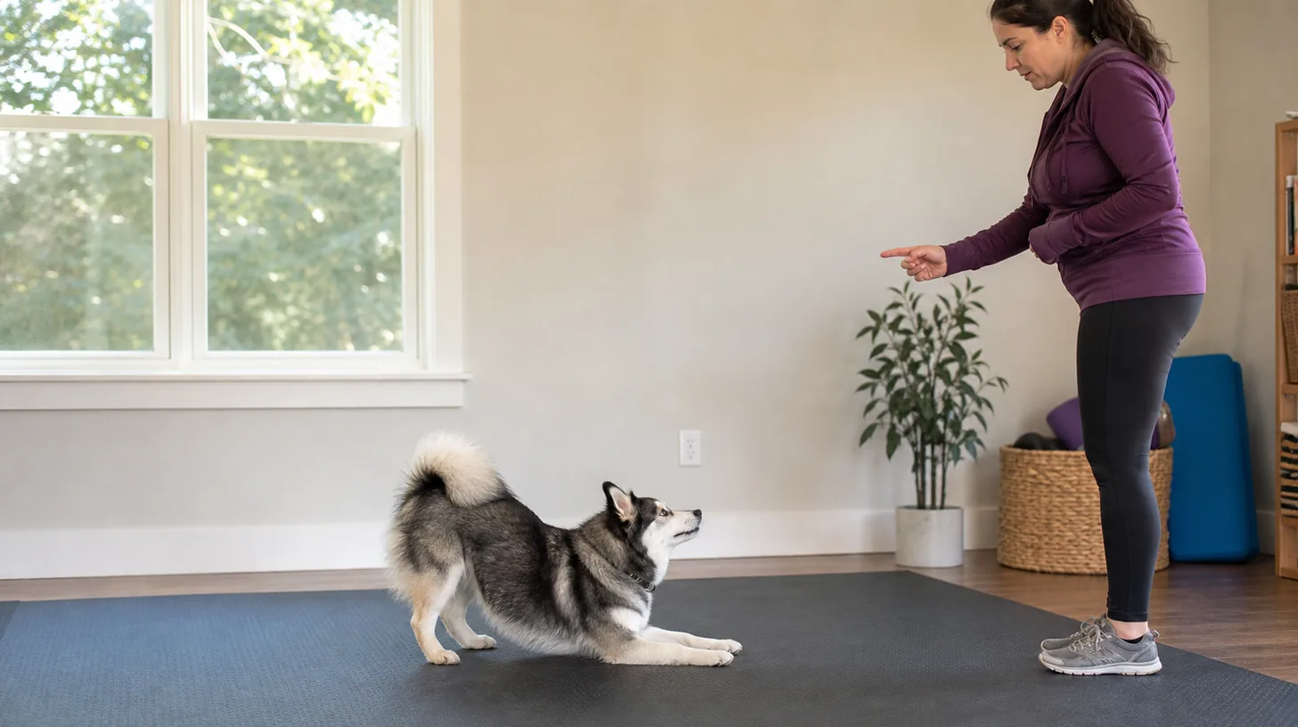 Pomsky voluntarily offers a shallow bow on a broad nonslip mat while a handler marks from a distance