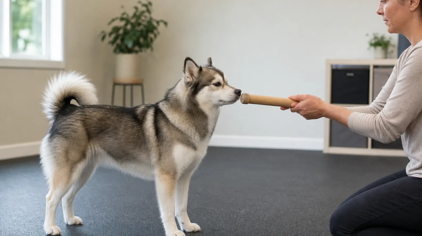 A Pomsky gently touches the padded end of a target stick
