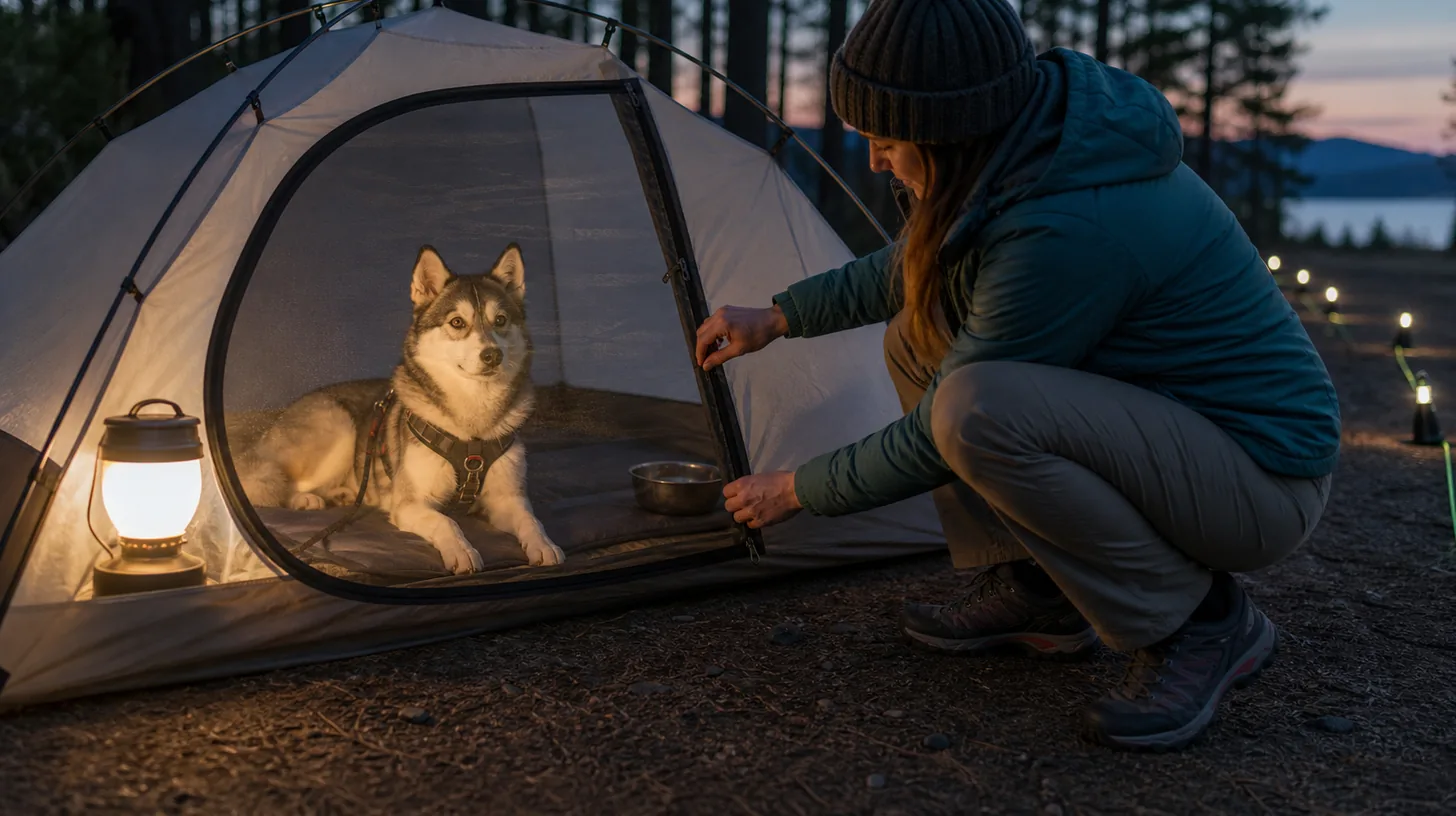 Harnessed Pomsky rests inside a tent while a caregiver checks the zipper and clear guy lines