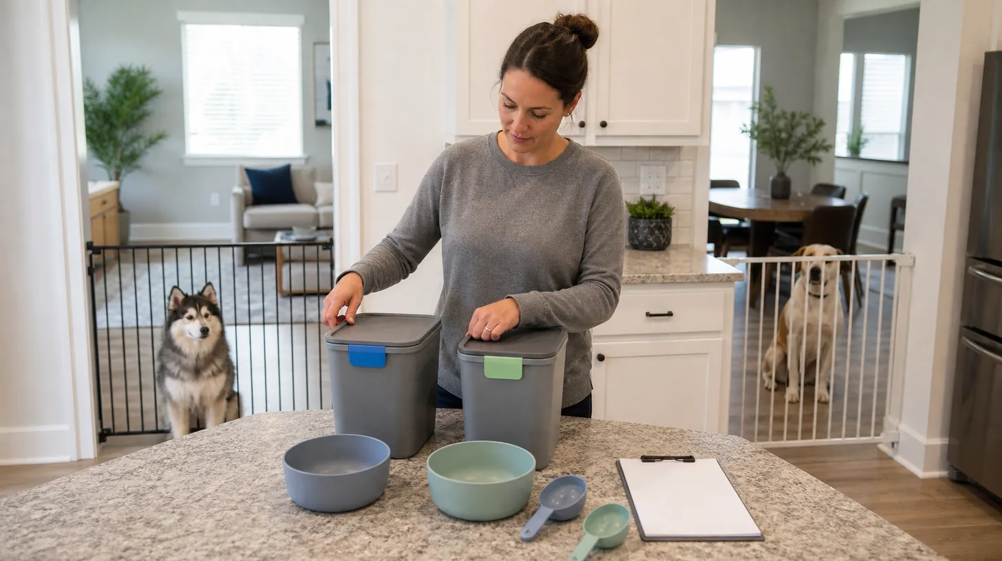 Two dogs wait behind separate gates while a caregiver organizes color-coded food bins bowls and scoops