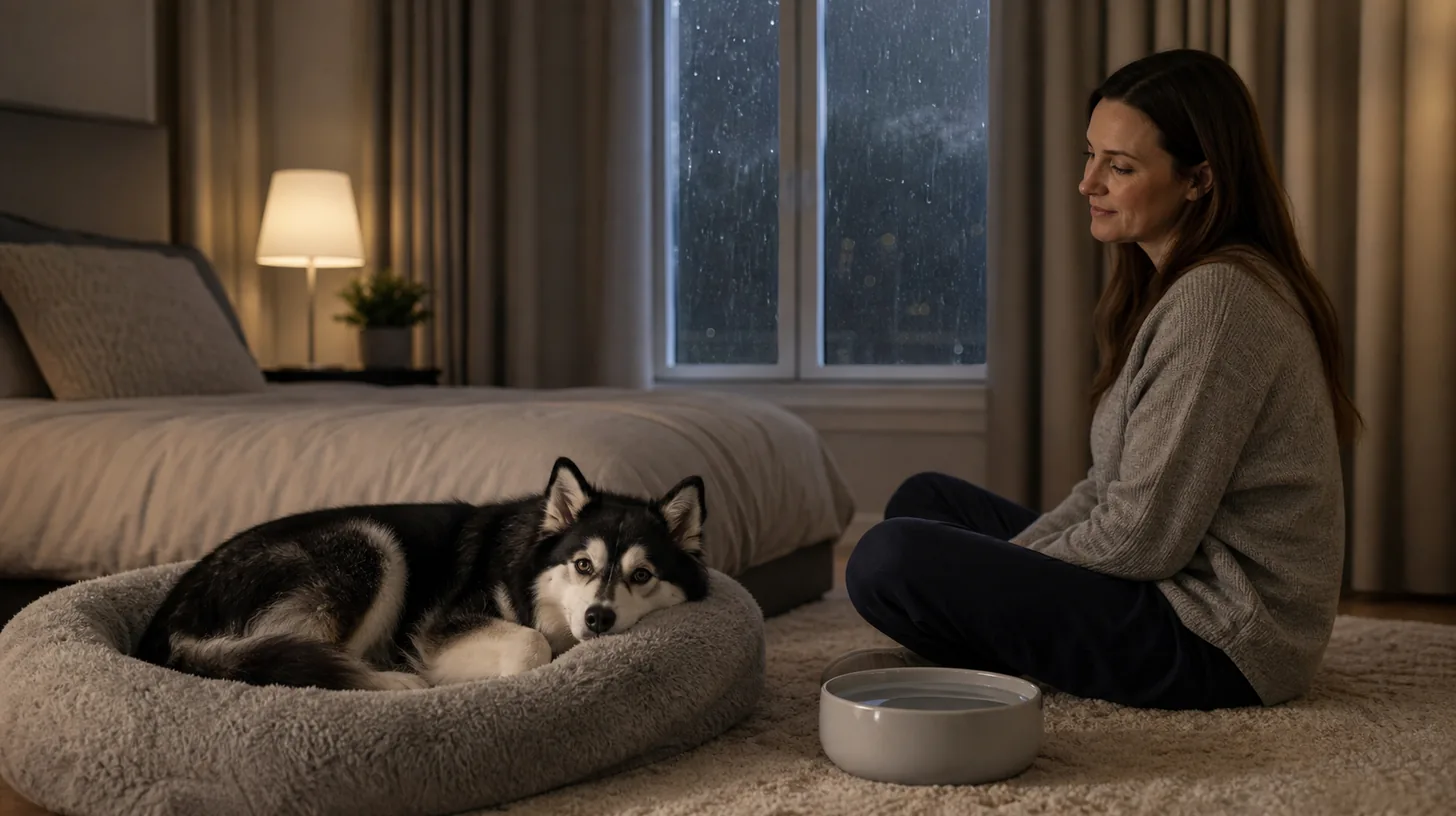 A Pomsky rests voluntarily in a quiet indoor retreat while rain falls outside