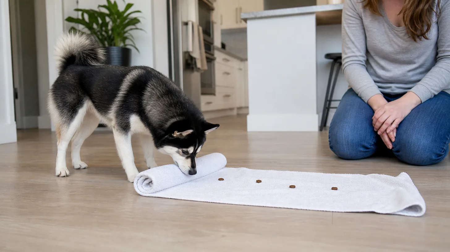 Pomsky gently unrolling an intact towel scent game under direct caregiver supervision
