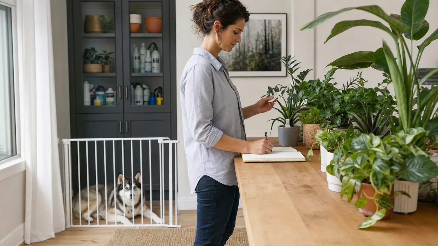 A caregiver inventories houseplants while a Pomsky remains behind a secure gate