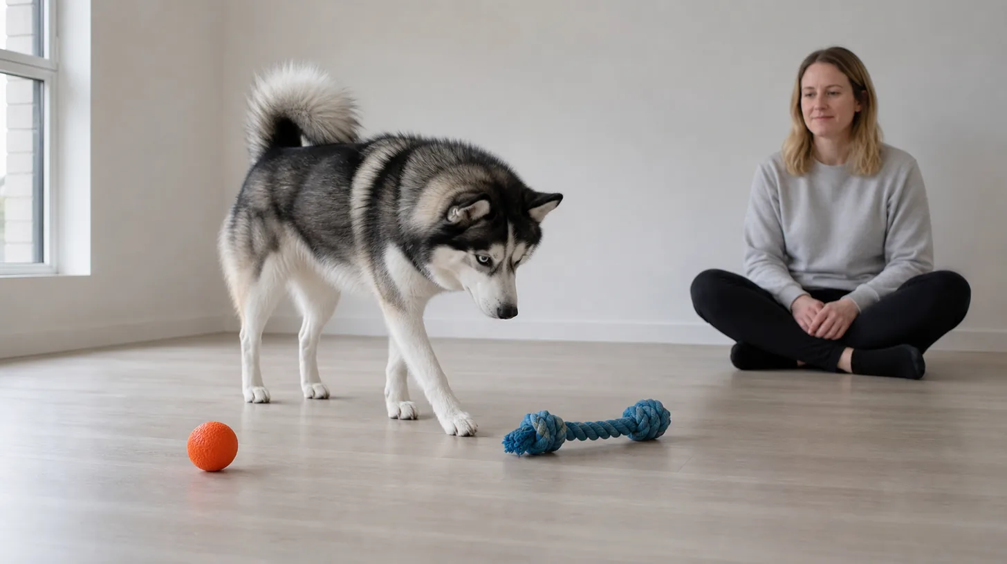 A Pomsky selects a blue rope toy from a two-toy choice while the caregiver remains neutral