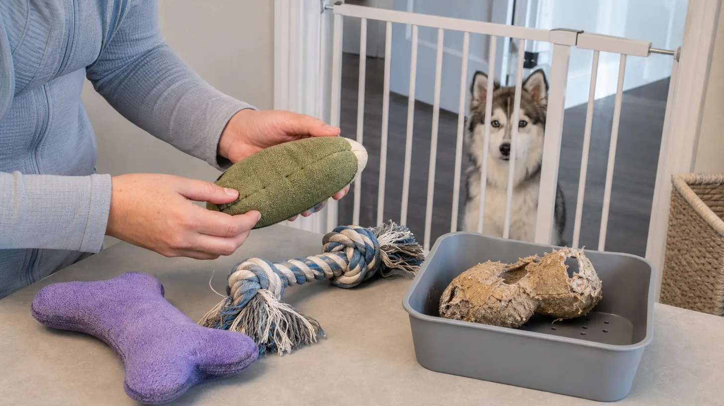 A caregiver inspects dog toys and separates a damaged item while a Pomsky waits behind a gate