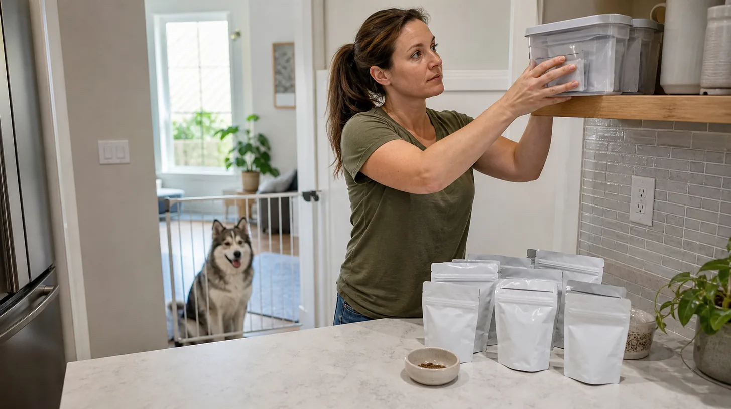A caregiver stores closed Pomsky training reward packages in a high lidded container