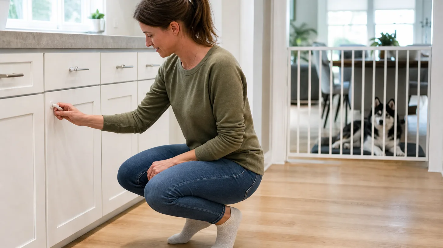 A caregiver checks a closed kitchen cabinet latch while a Pomsky rests behind a closed gate
