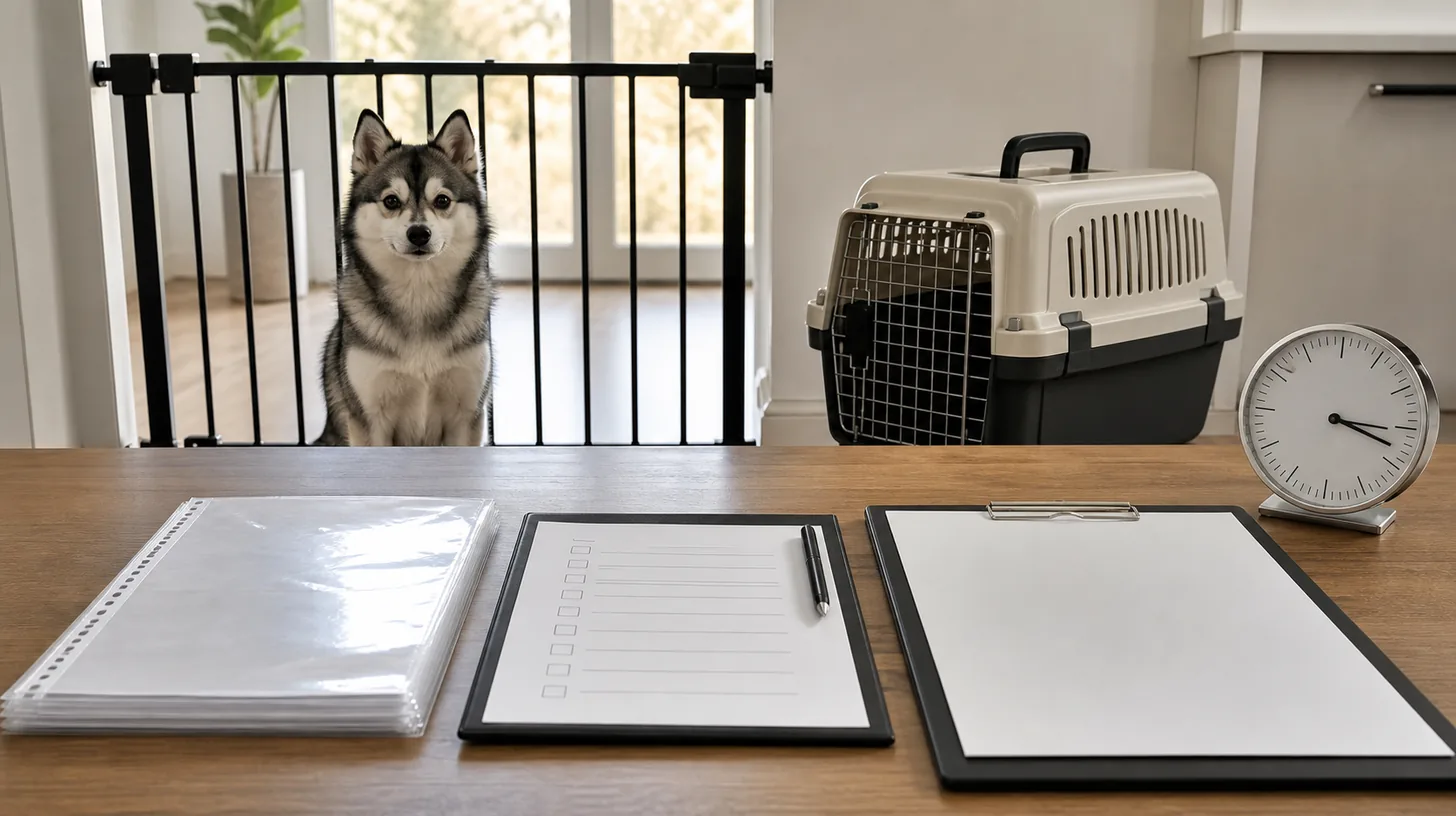 Pomsky waits behind a gate near a carrier while blank document sleeves a route checklist audit board and clock are reviewed