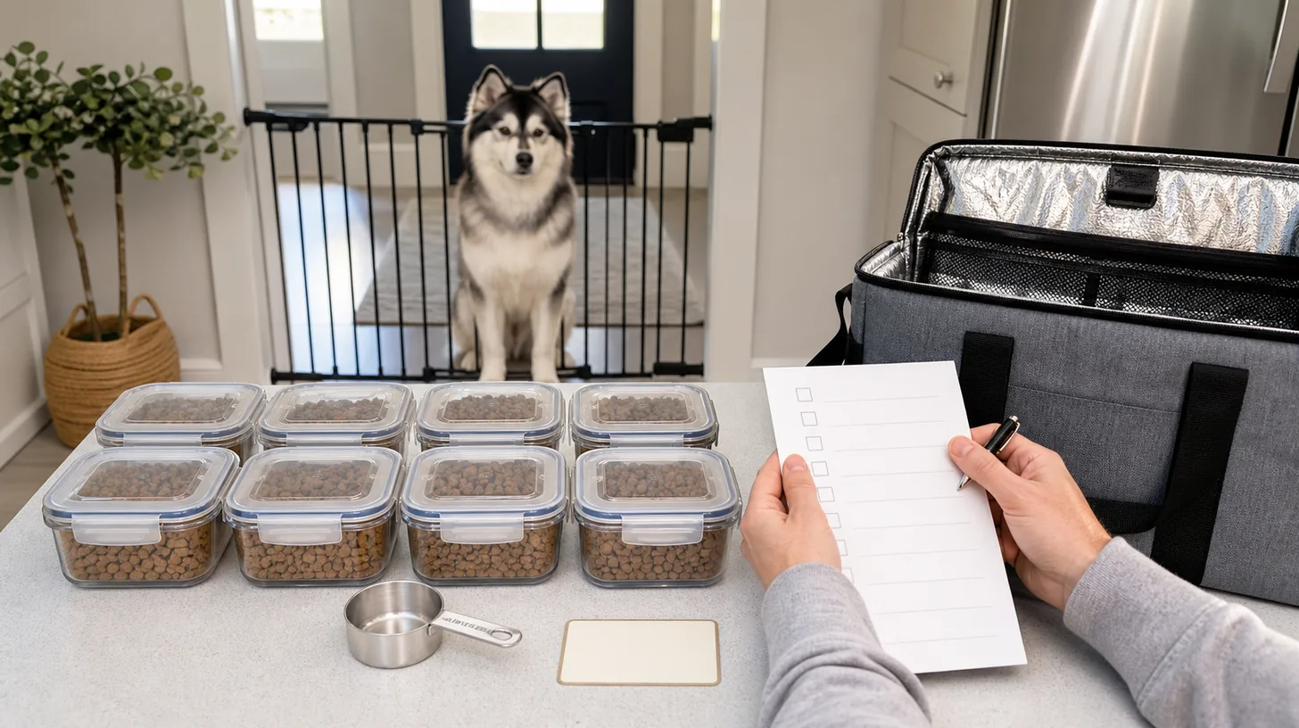 Sealed measured Pomsky travel meal portions prepared while the dog waits behind a secure gate