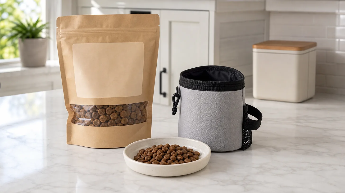 Plain treat package, clean training pouch, and measured session portion on a dog-free surface