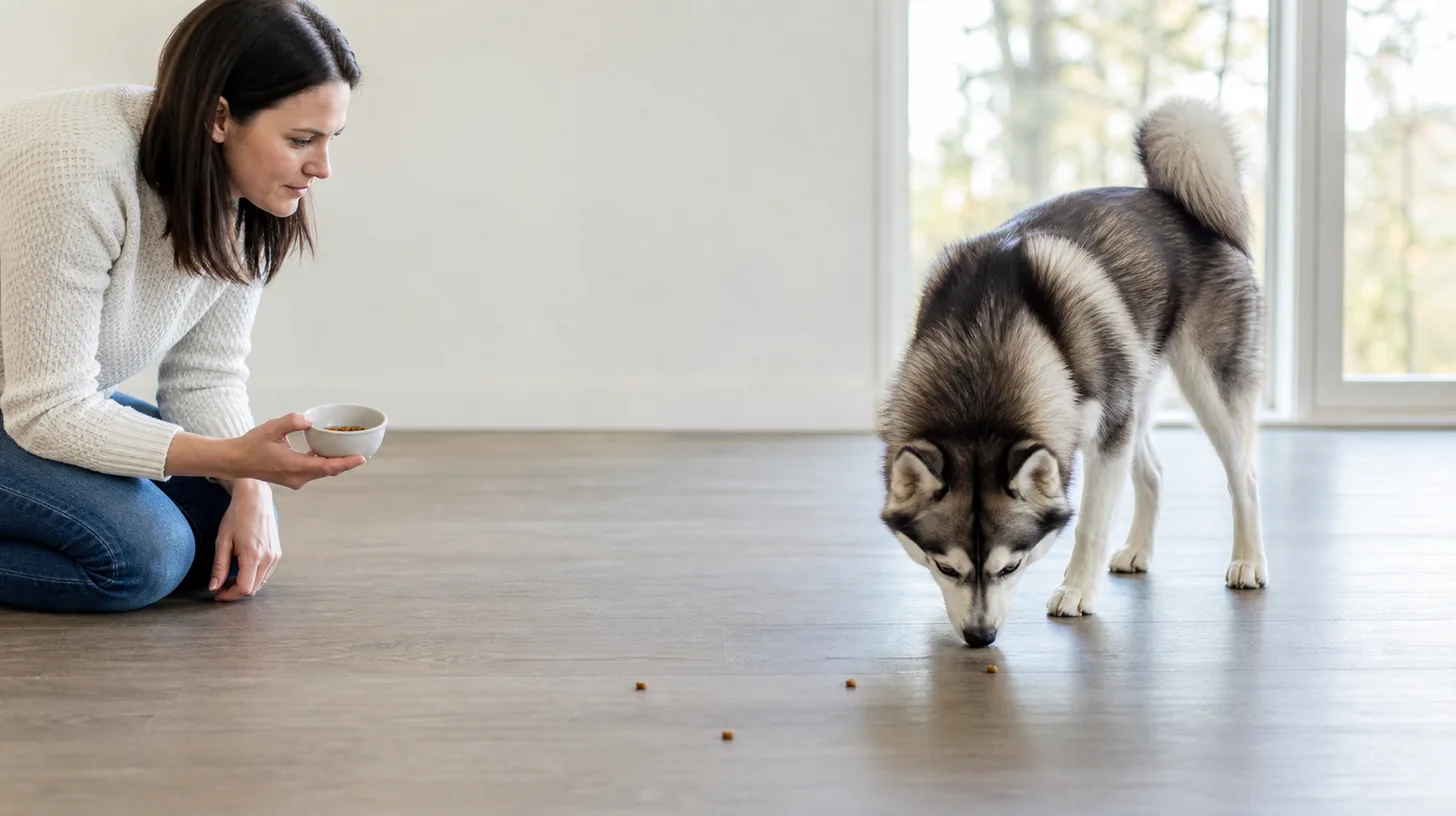 Pomsky following a short trail of tiny food rewards indoors