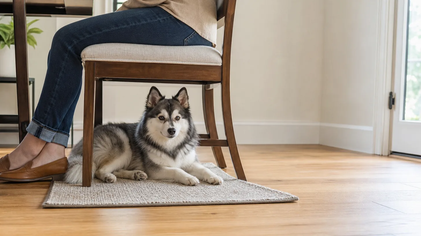 A Pomsky rests voluntarily on a mat beneath a seated caregiver's chair