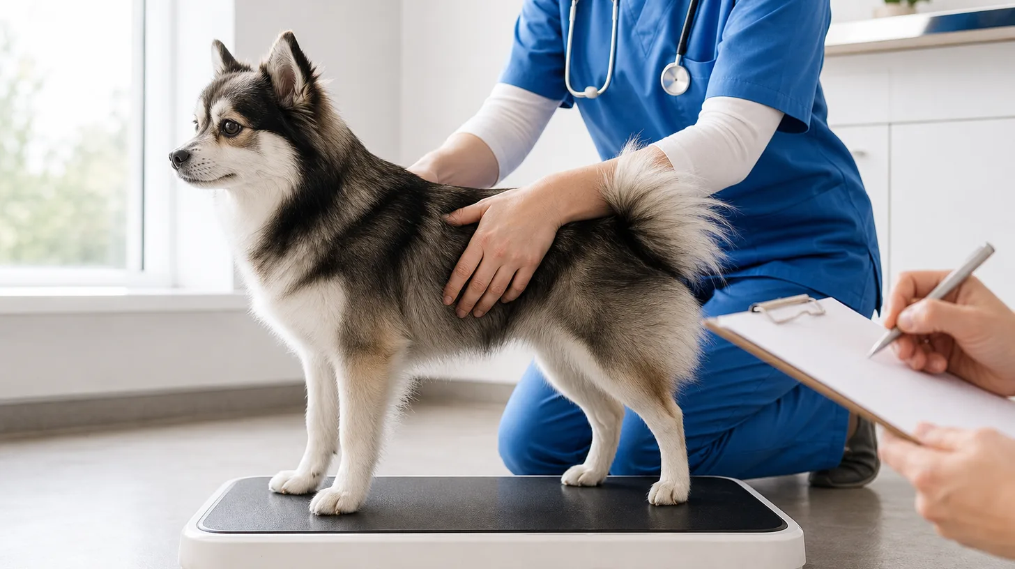 A veterinary professional checks a Pomsky's body condition while the dog stands on a floor scale