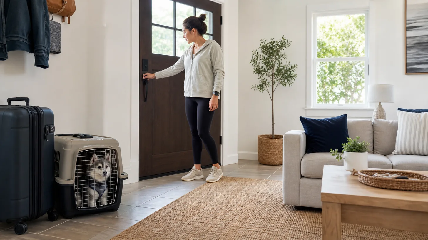 A caregiver checks a closed rental entrance while a harnessed Pomsky waits in a secure carrier
