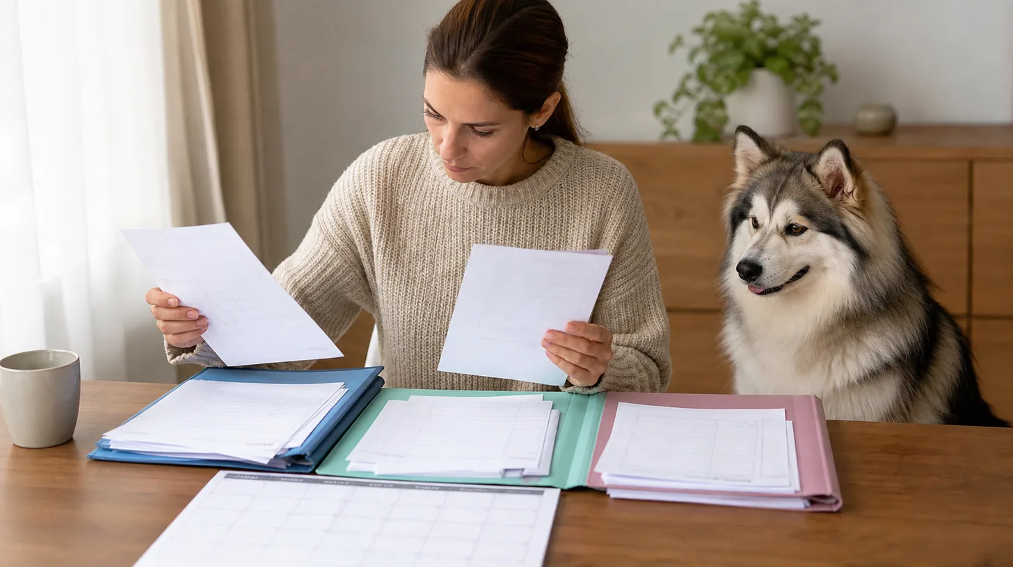 Caregiver sorting blank Pomsky veterinary records into source folders