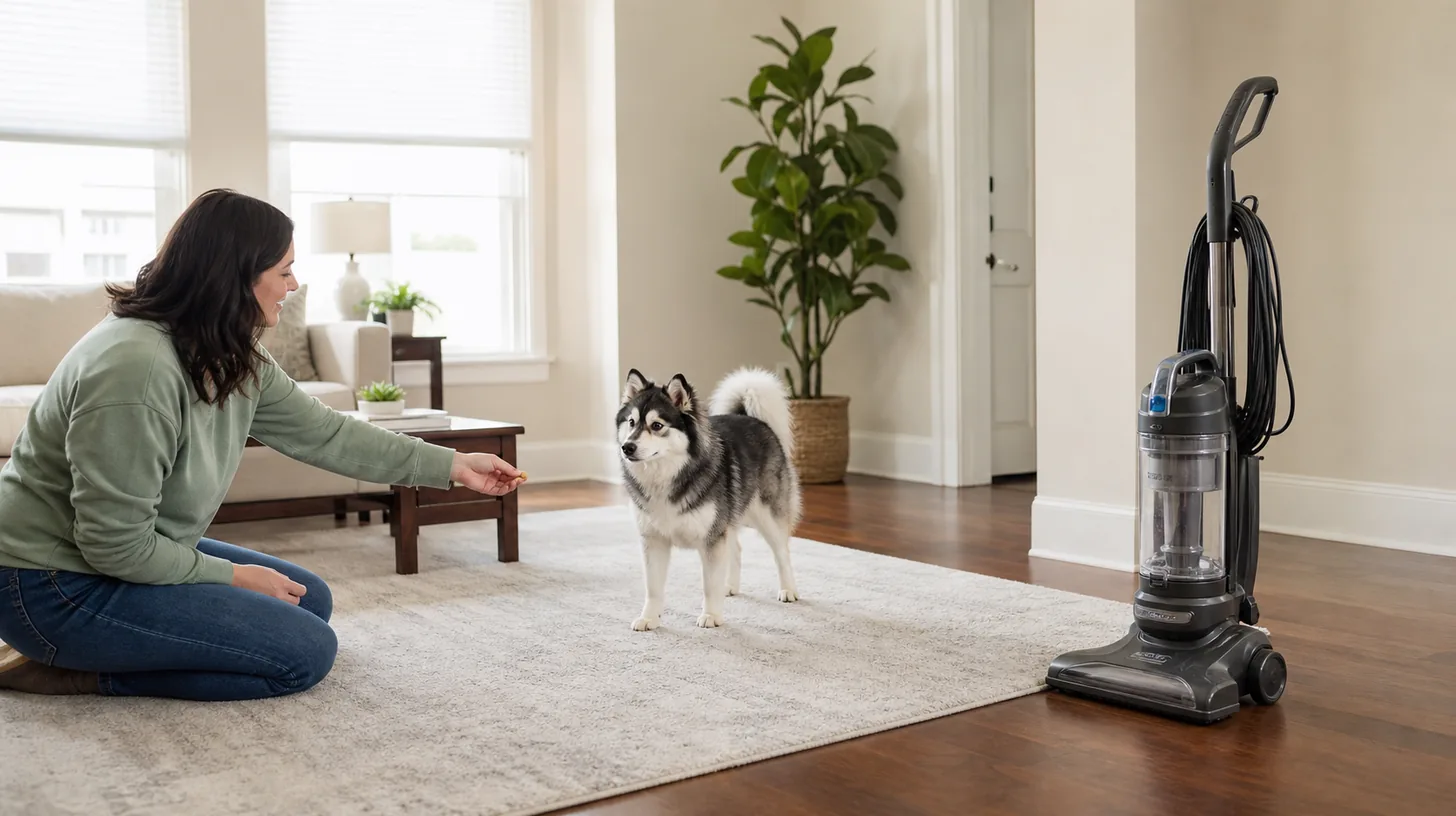 A Pomsky calmly observes a stationary vacuum from a safe distance while a caregiver offers a reward