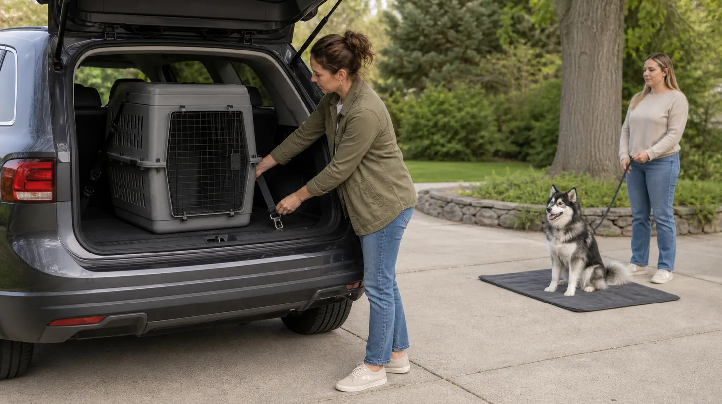 Caregiver checks the securing strap on an empty dog crate inside a stationary vehicle