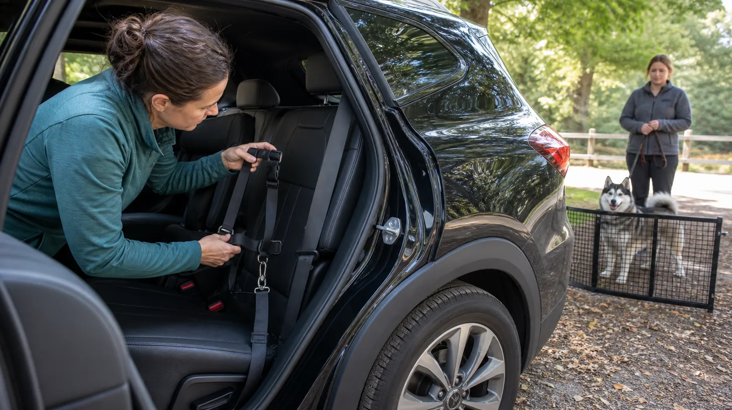 Caregiver inspecting a vehicle harness attachment in a parked car
