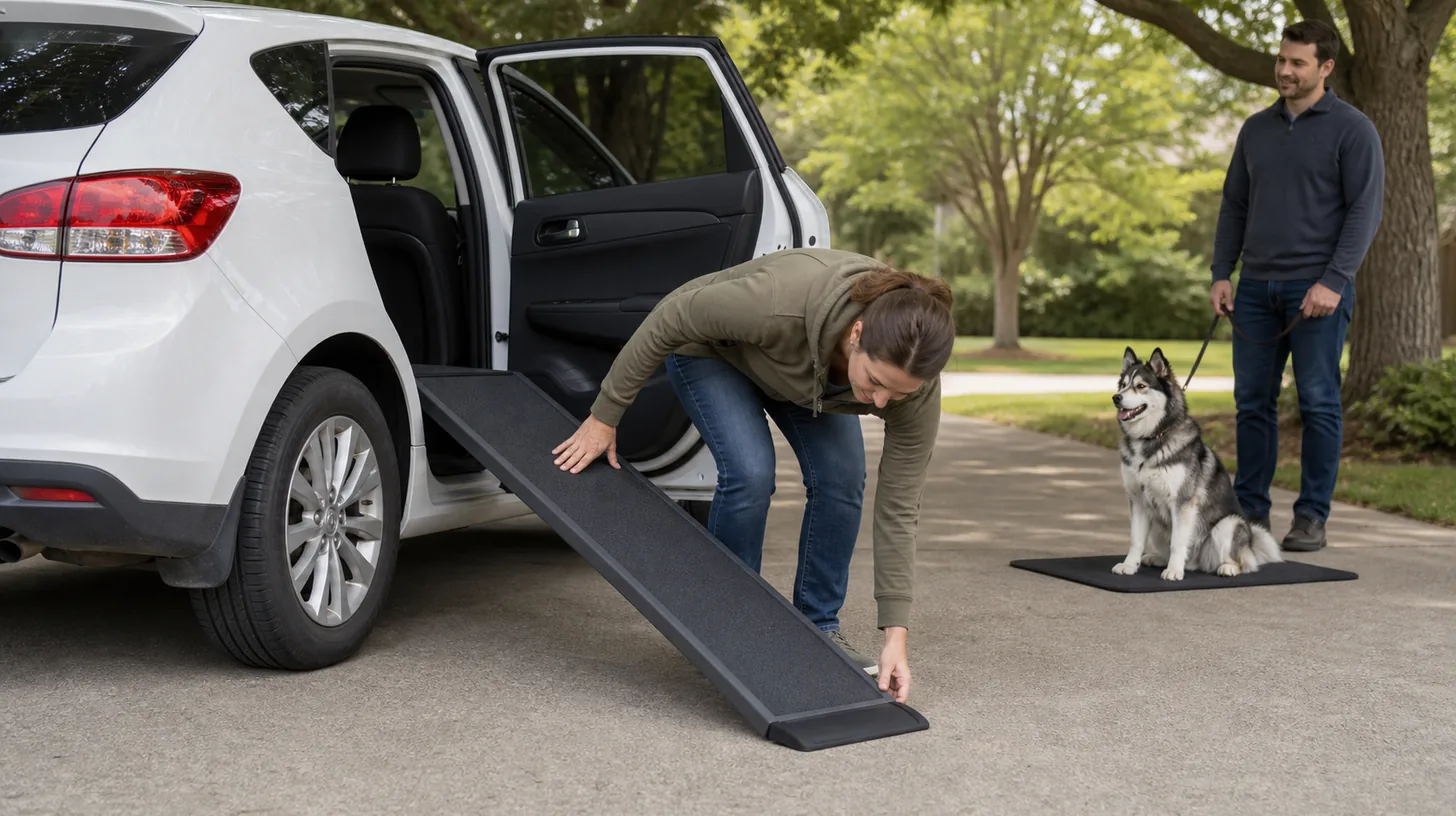 Caregiver tests an empty nonslip dog ramp at a stationary vehicle while a Pomsky waits nearby