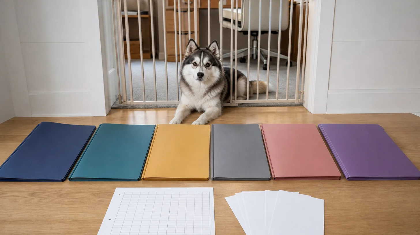 Pomsky rests behind a gate beside six closed source-document folders a blank reconciliation grid and blank version cards
