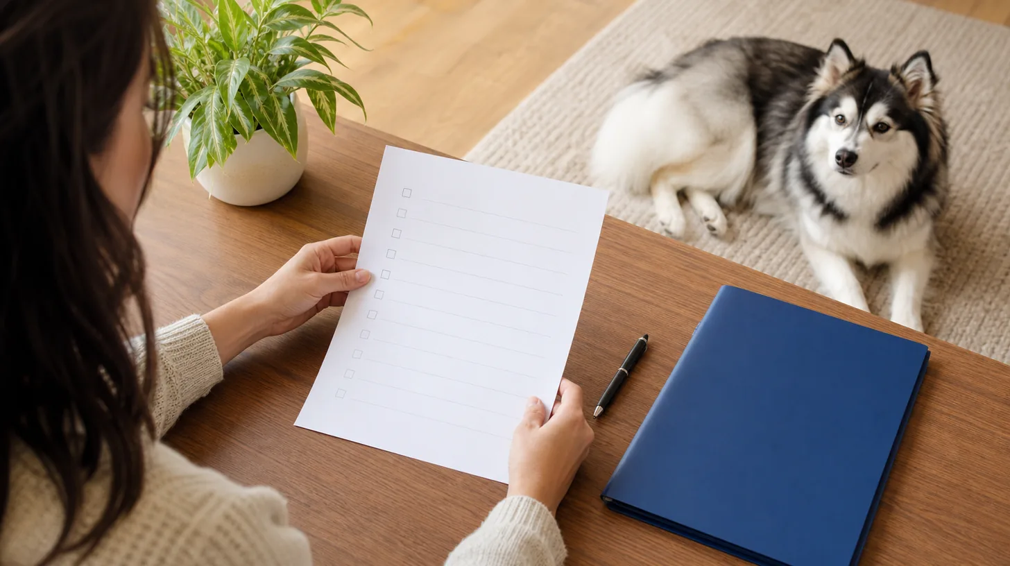 Caregiver reviewing a blank question worksheet beside a closed pet record folder and calm Pomsky