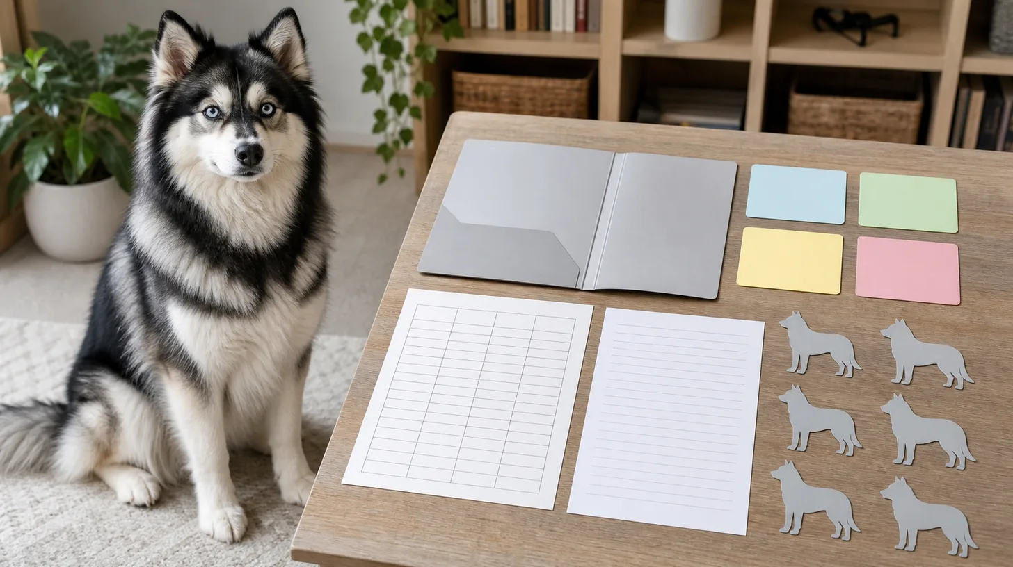 Pomsky sits beside an open folder with blank product cards grid and note sheets and six plain dog-body silhouettes