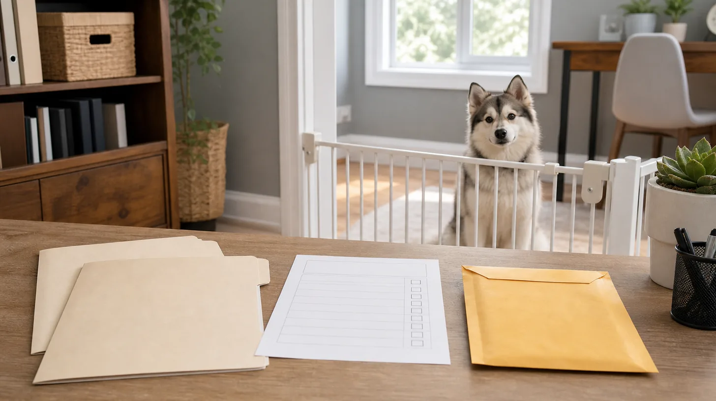 Pomsky waits behind a gate while two plain clinic folders a blank transfer checklist and secure envelope are organized