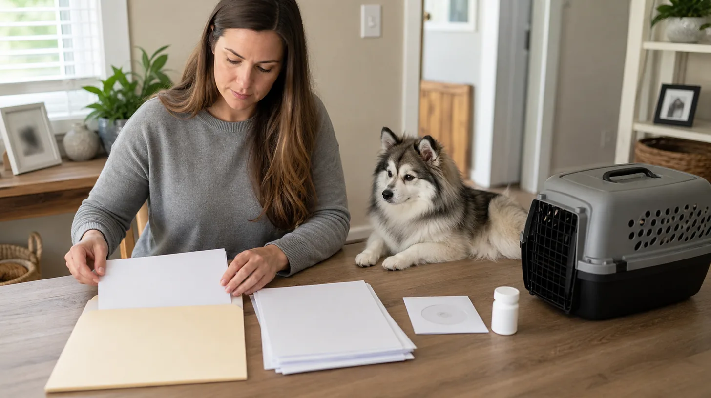A caregiver organizes a blank veterinary referral folder beside a Pomsky and closed carrier