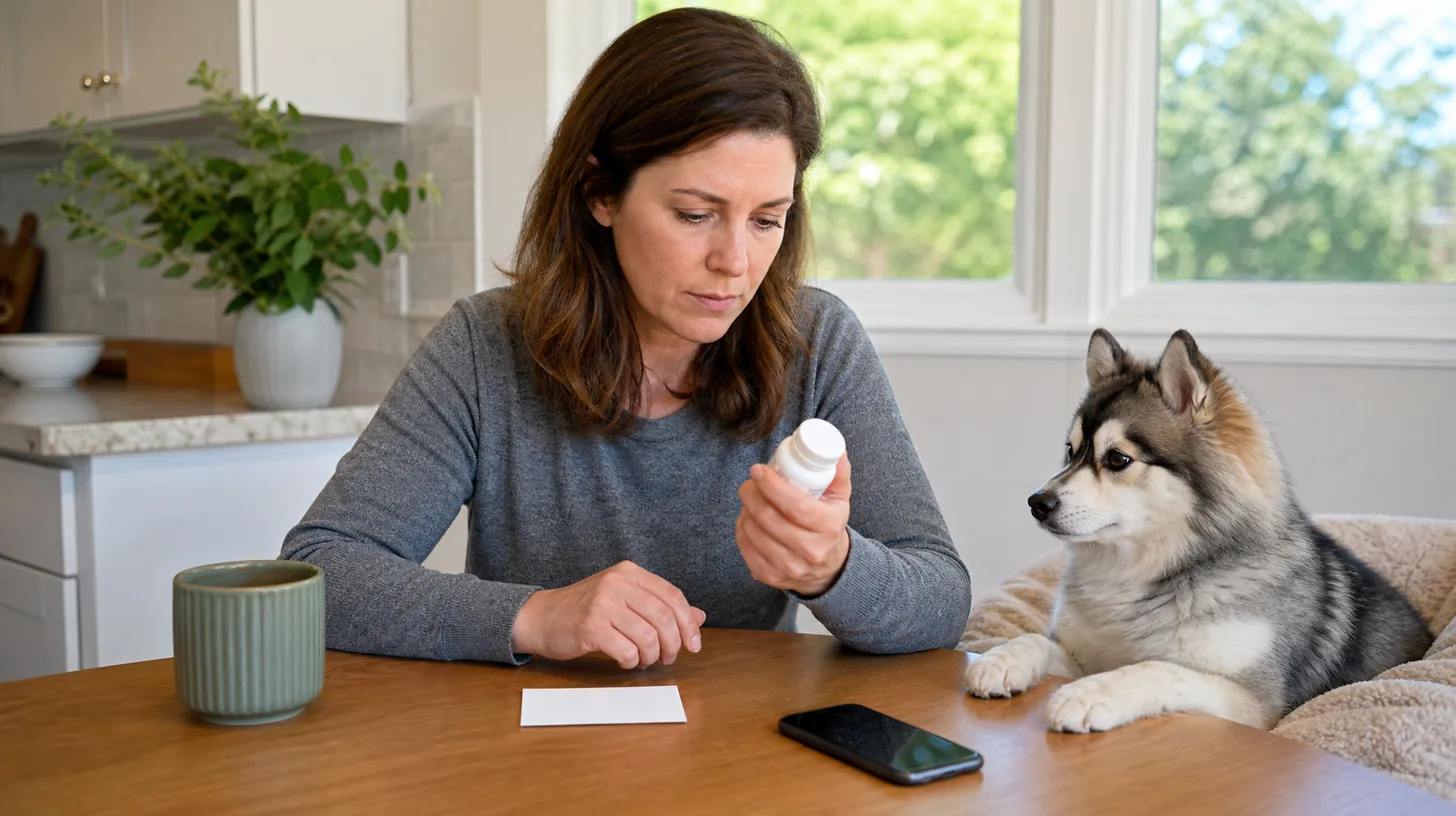 Caregiver reviewing a closed plain prescription container beside a blank refill request card