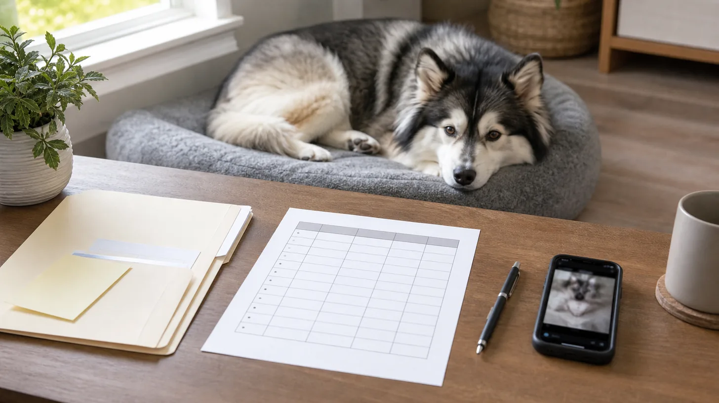 A blank symptom timeline, phone video, and current records sit near a resting Pomsky