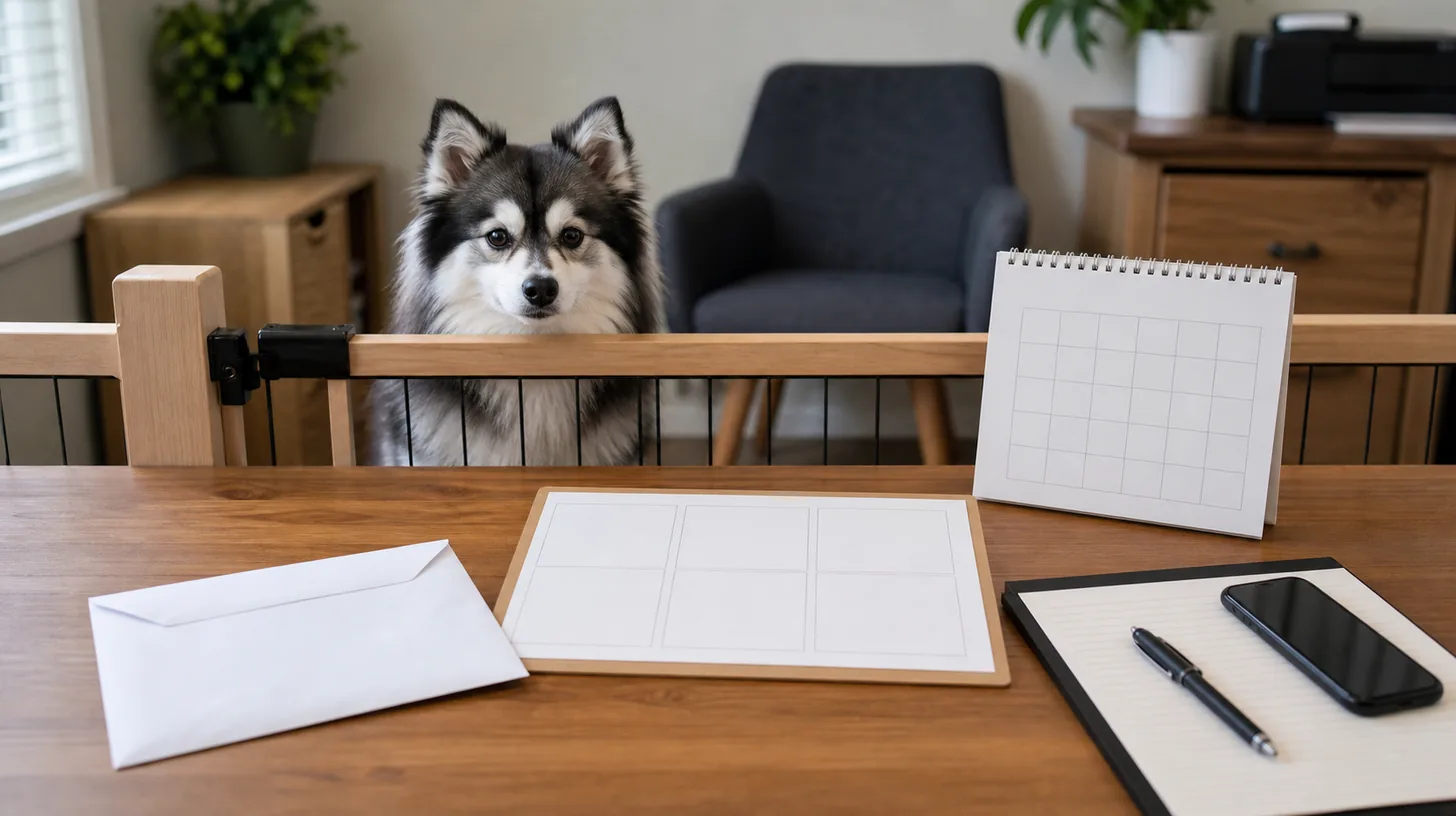 Pomsky waits behind a gate while a sealed result envelope blank action board calendar and phone log are organized