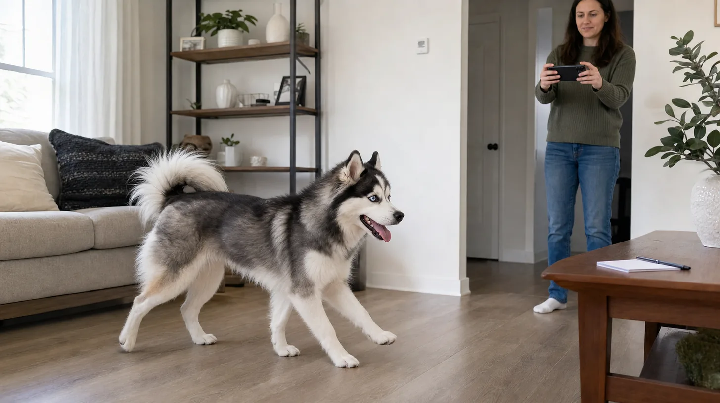 Caregiver recording a relaxed Pomsky walking naturally from a safe distance