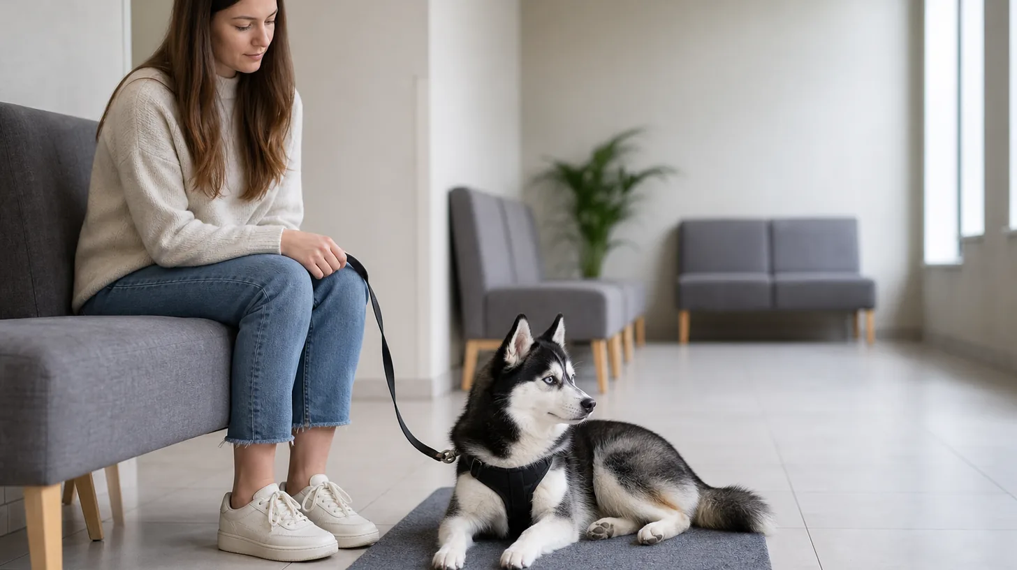 Pomsky resting on a mat beside a caregiver in a quiet veterinary waiting area