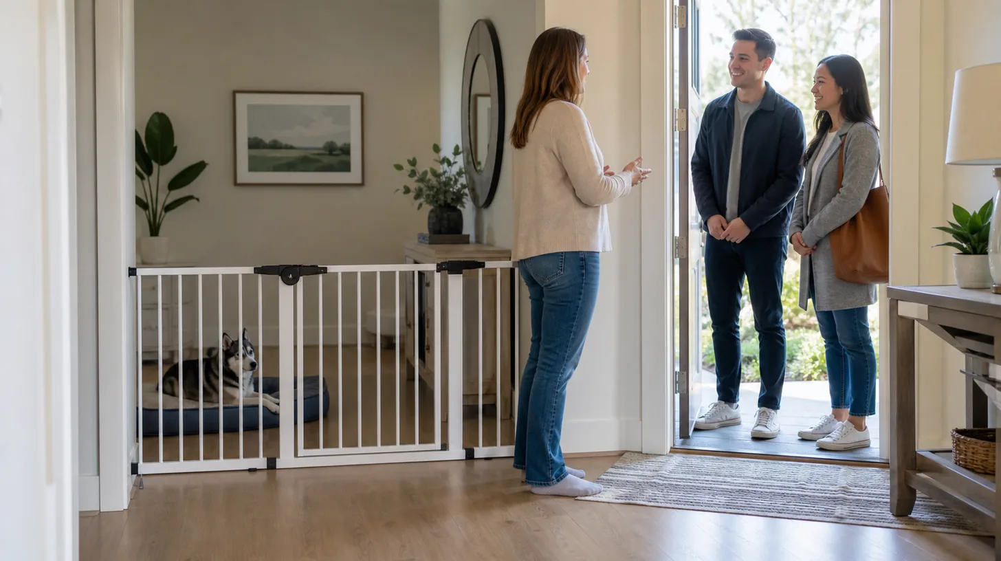 A Pomsky rests behind a closed interior gate while a caregiver greets two visitors at the doorway