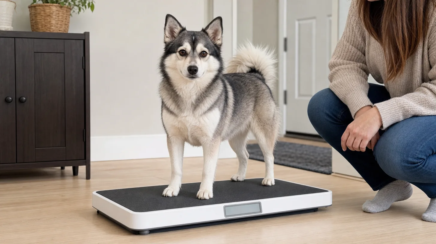 A Pomsky stands voluntarily on a low platform scale beside a caregiver