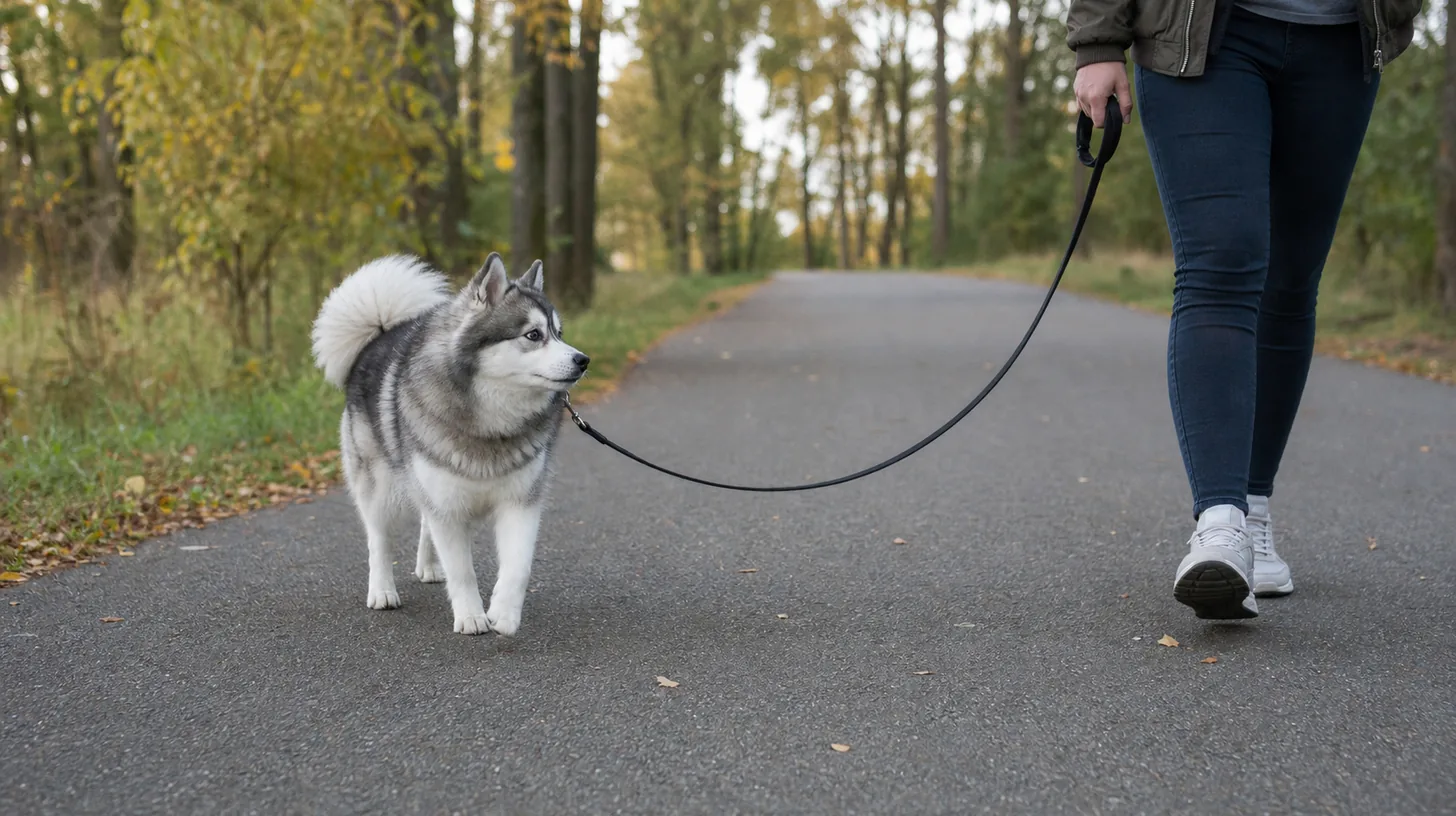 Leashed Pomsky briefly checks in with a caregiver on a quiet wide path