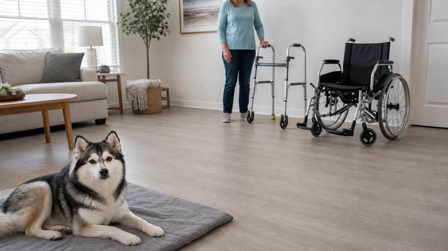 Pomsky resting on a mat with a wide clear gap from a stationary walker and wheelchair