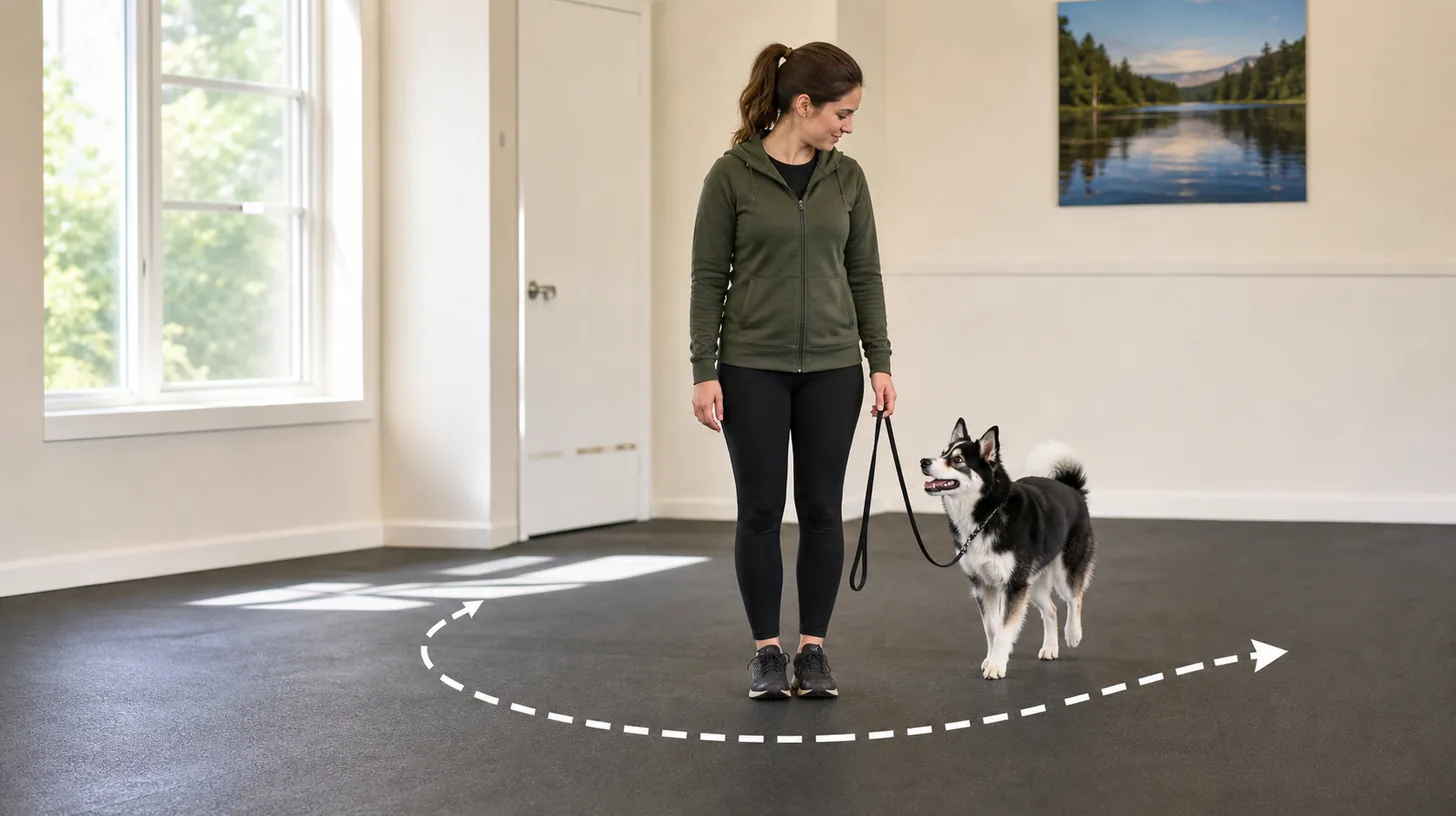 Pomsky following a clear curved side-switch route around a caregiver with a loose leash