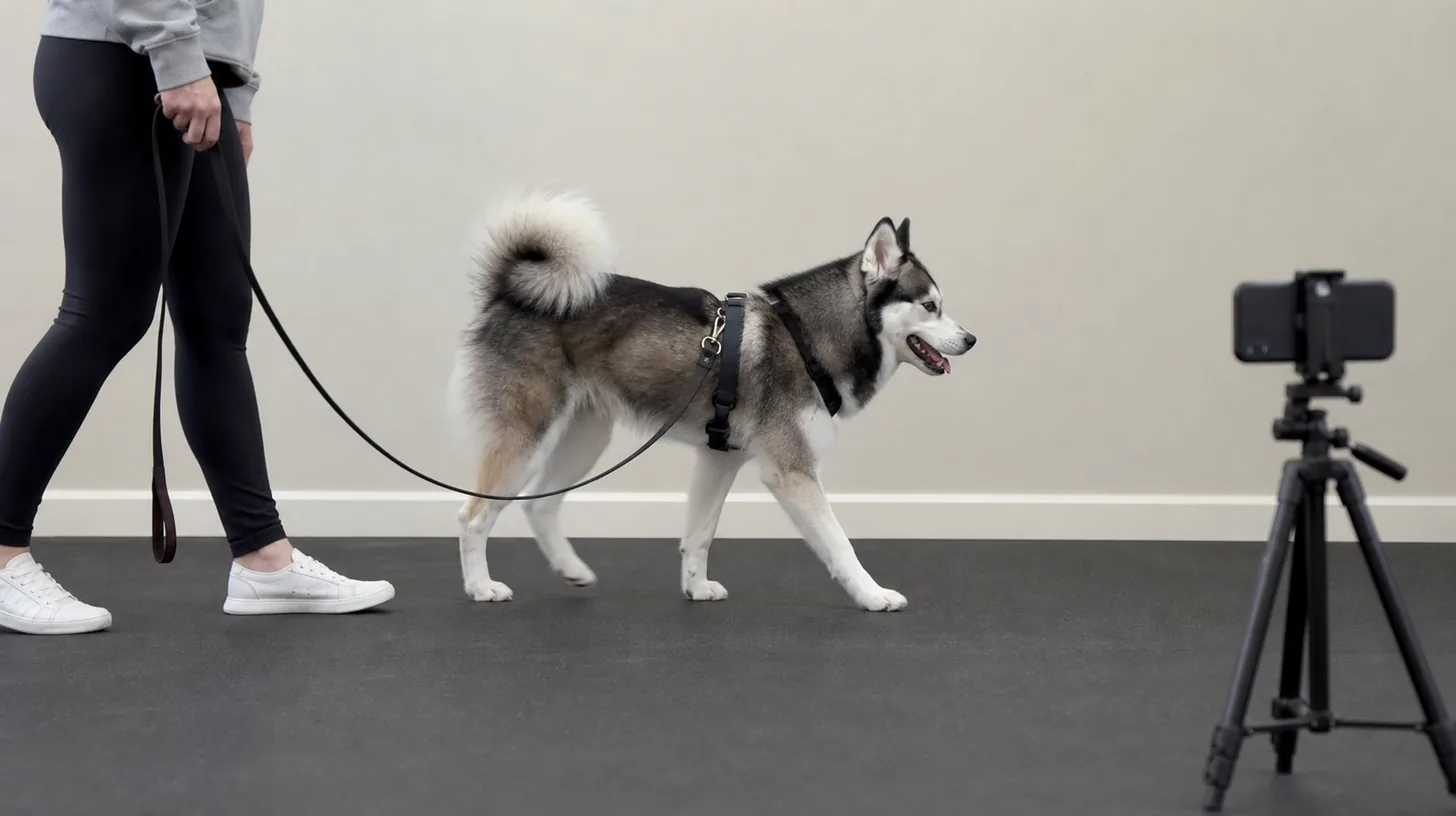Pomsky walks on a slack leash past a stationary side-view camera
