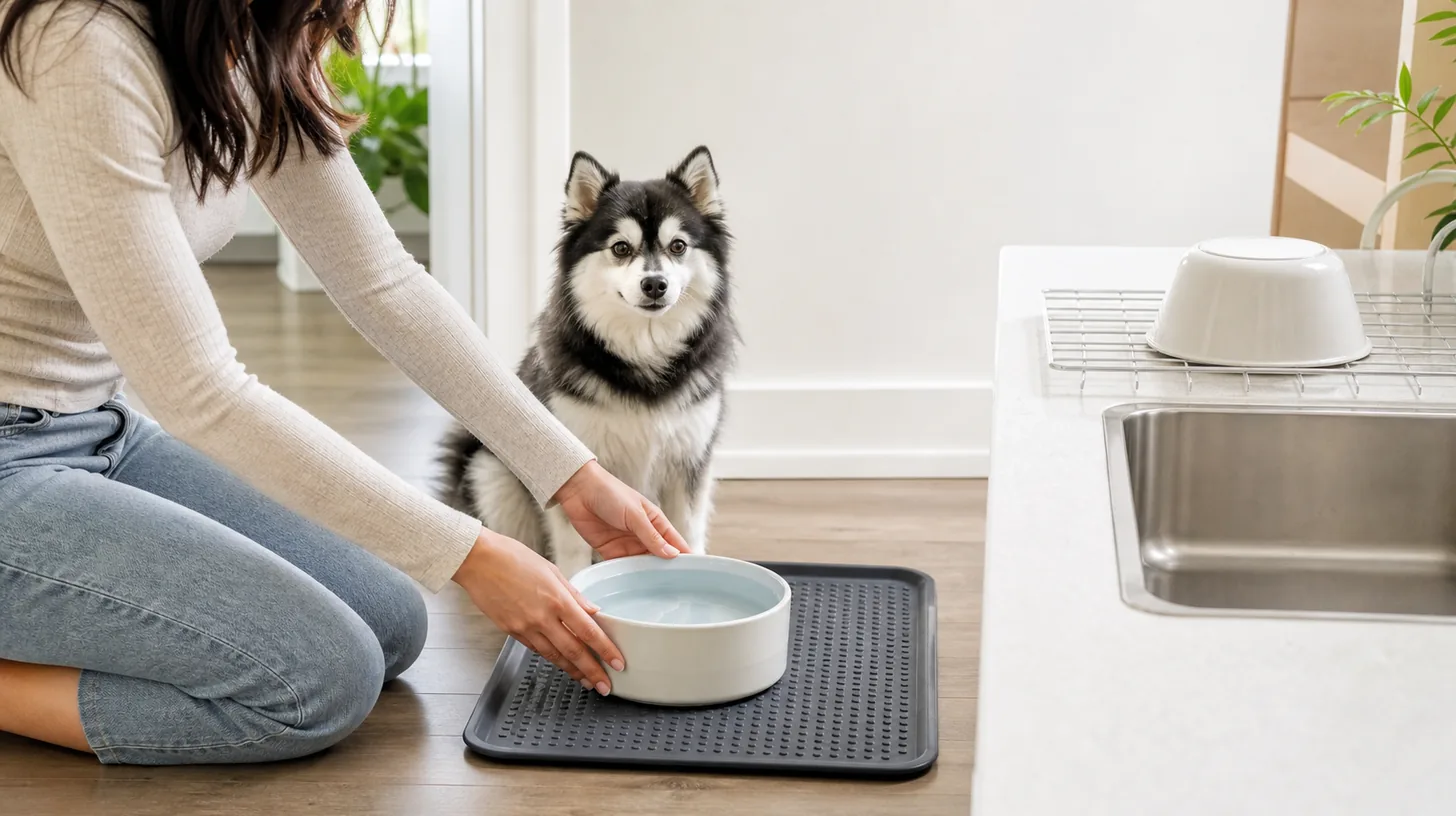 A caregiver sets down a clean fresh water bowl while a second plain bowl air-dries by the sink